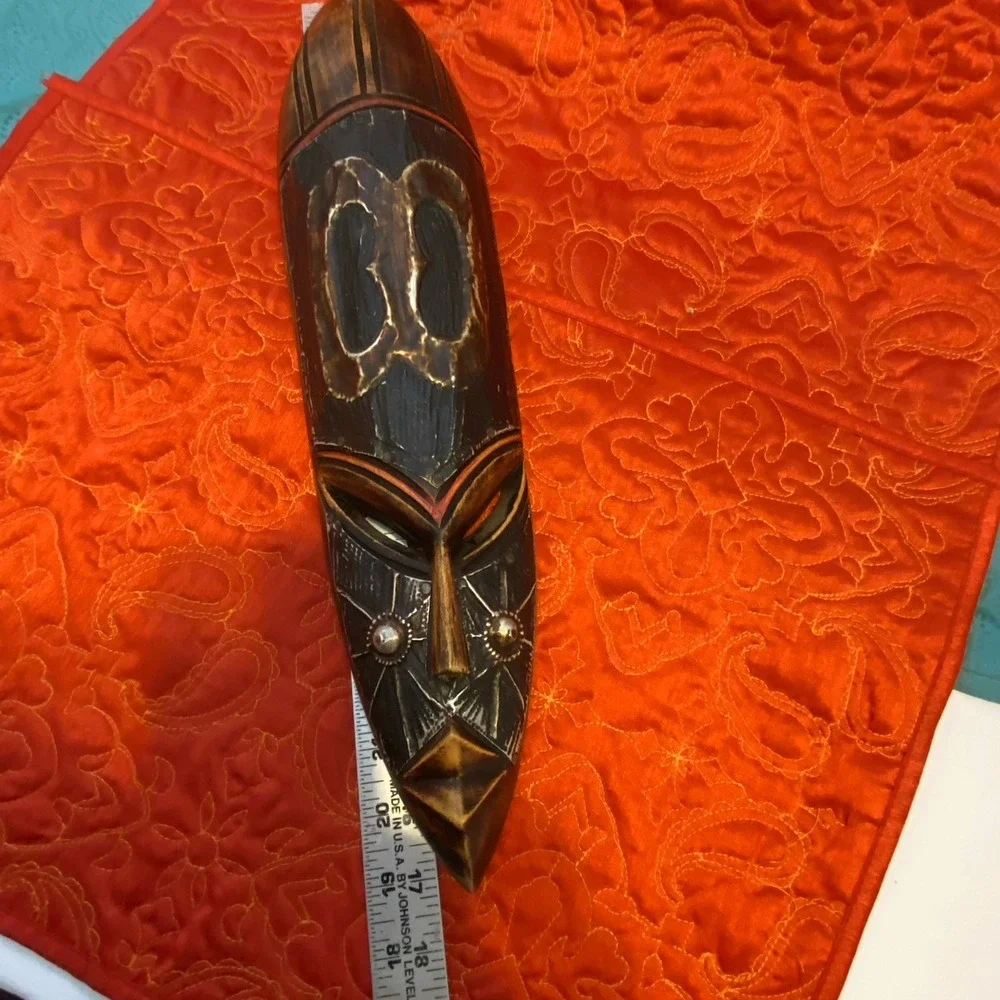African‎ Tribal Style Wall Face Mask Hand Carved Wood Metal Clad Face Etching